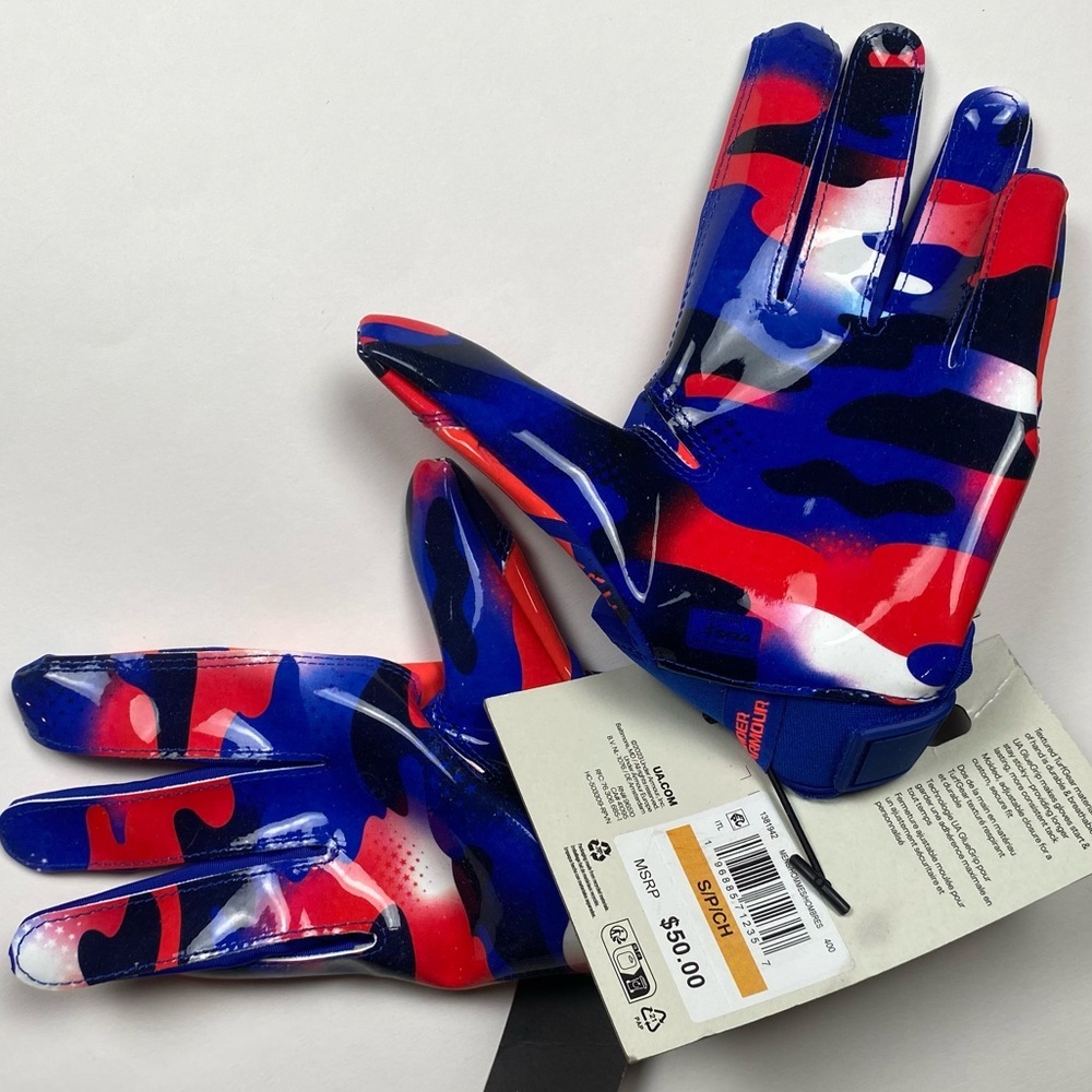 NWT Under Armour Men's F9 Nitro GlueGrip Football Gloves Blue/Red Size Small - Picture 5 of 5